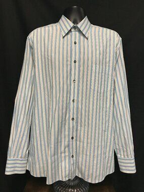 Dolce Gabbana Mens Dress Shirt 17._ 44 Blue Striped Long Sleeve Cotton Button Up